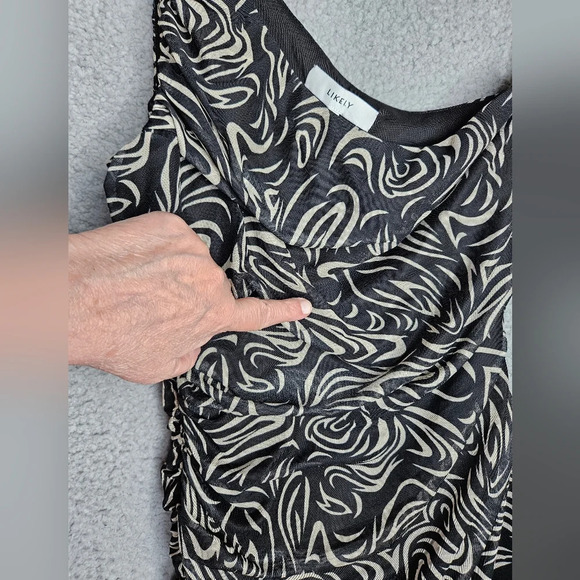 Likely Gemella Womens Mini Dress Sz 6 Black-Cream One Shoulder Asymmetrical Hem - Picture 14 of 14